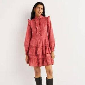 NWT-Borden Dusty Red Broderie Cotton Ruffled Shirt Dress 8 R